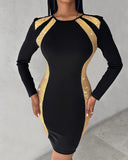Contrast Sequin Long Sleeve Slit Bodycon Dress