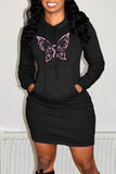 Fashion Casual Butterfly Print Basic Hooded Collar Long Sleeve Dresses