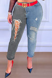 Fashion Casual Patchwork Ripped Bandage High Waist Skinny Jeans (Without Belt)