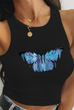 Casual Butterfly Print Basic O Neck Tops