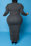 Casual Striped Split Joint O Neck Pencil Skirt Plus Size Two Pieces