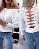 Cutout Contrast Lace Long Sleeve Top