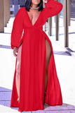 Casual Solid Split Joint High Opening V Neck Straight Plus Size Dresses