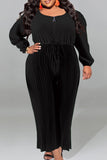Plus Size Casual Solid Patchwork Draw String Zipper O Neck Plus Size Jumpsuits