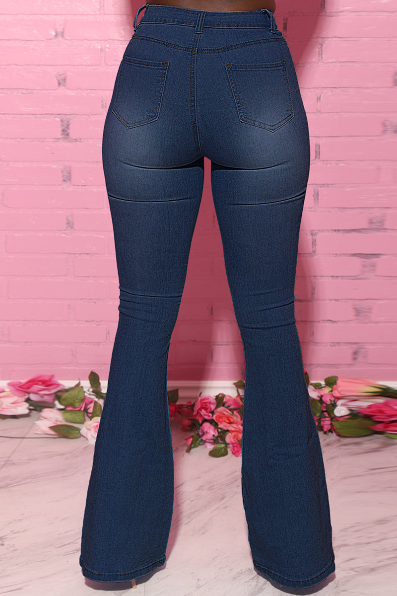 Fashion Casual Solid Ripped Bandage High Waist Regular Jeans