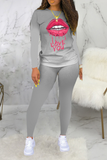 Casual Gradual Change Lips Printed Patchwork O Neck Long Sleeve Two Pieces
