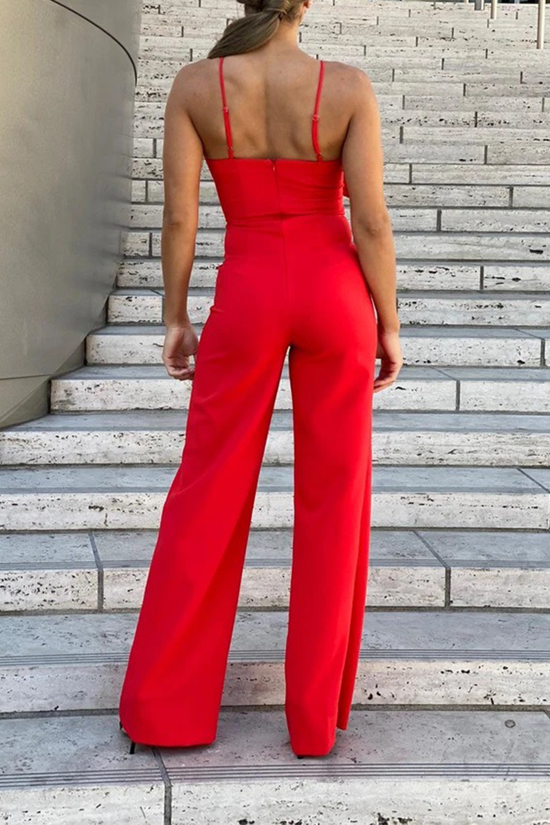 Sexy Solid Split Joint Spaghetti Strap Straight Jumpsuits