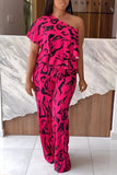 Casual Daily Print Flounce Printing One Shoulder Regular Jumpsuits