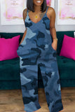 Casual Camouflage Print Split Joint Spaghetti Strap Loose Jumpsuits