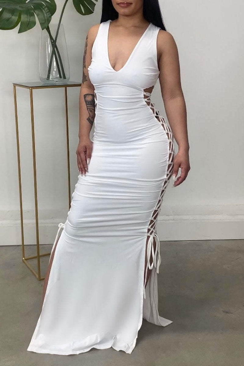 Sexy Solid Bandage Hollowed Out Split Joint Slit V Neck Straight Dresses