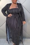 Casual Striped Print Split Joint Strapless Long Sleeve Two Pieces