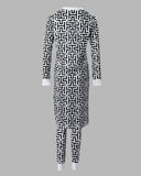 Geometric Print Cami Top & Drawstring Pants Set With Longline Coat