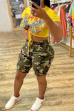 Fashion Casual Camouflage Print Bandage Hollowed Out O Neck Short Sleeve Two Pieces