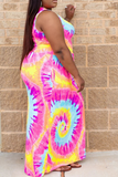 Casual Patchwork Tie-dye O Neck Straight Plus Size Dresses