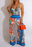 Sexy Print Patchwork Backless Halter Straight Jumpsuits