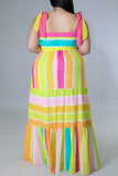 Fashion Casual Plus Size Striped Print Bandage Backless Spaghetti Strap Long Dress