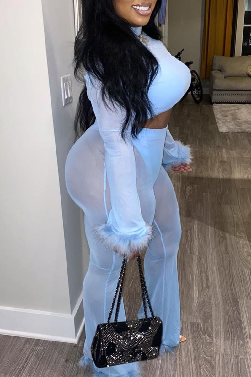 Sexy Solid See-through Half A Turtleneck Long Sleeve Two Pieces