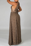 Sexy Leopard Split Joint Halter Cake Skirt Dresses