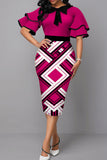 Casual Print Patchwork With Bow O Neck One Step Skirt Dresses