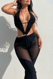 Sexy Solid Metal Accessories Decoration Backless Mesh Halter Skinny Jumpsuits
