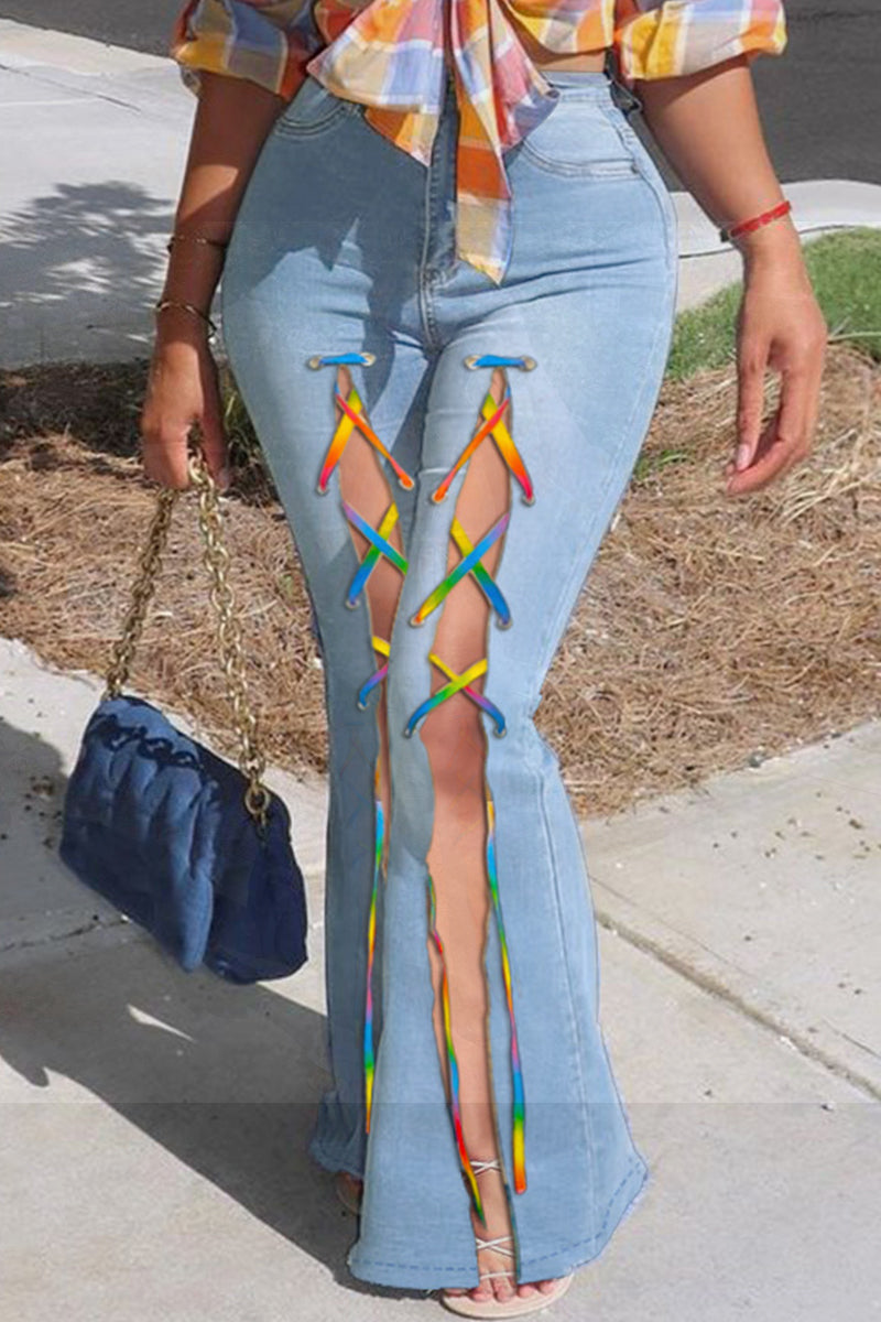 Fashion Casual Solid Bandage Slit High Waist Regular Jeans