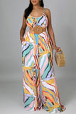 Casual Daily Print Backless Spaghetti Strap Loose Jumpsuits(Without Belt)