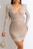Fashion Sexy Patchwork Hot Drilling See-through Beading V Neck Long Sleeve Dresses