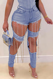 Fashion Casual Solid Ripped Split Joint Chains High Waist Skinny Denim Jeans