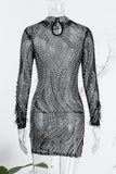 Sexy Patchwork Hot Drilling See-through Half A Turtleneck Long Sleeve Dresses
