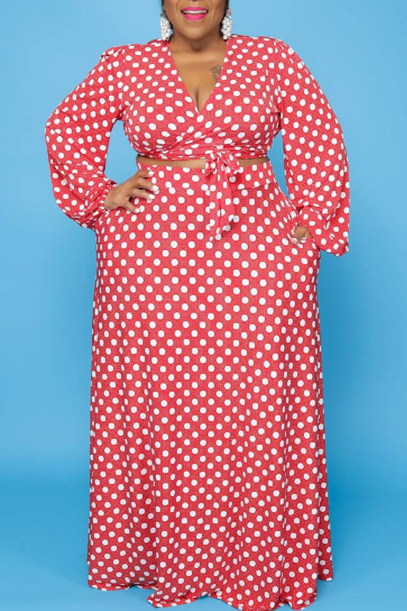 Casual Print Polka Dot Bandage Split Joint V Neck Straight Plus Size Two Pieces