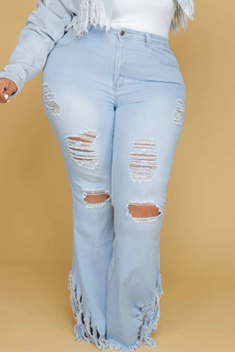Sexy Solid Ripped Plus Size Jeans