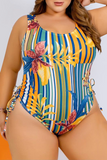 Casual Vacation Print Split Joint U Neck Plus Size Two Pieces