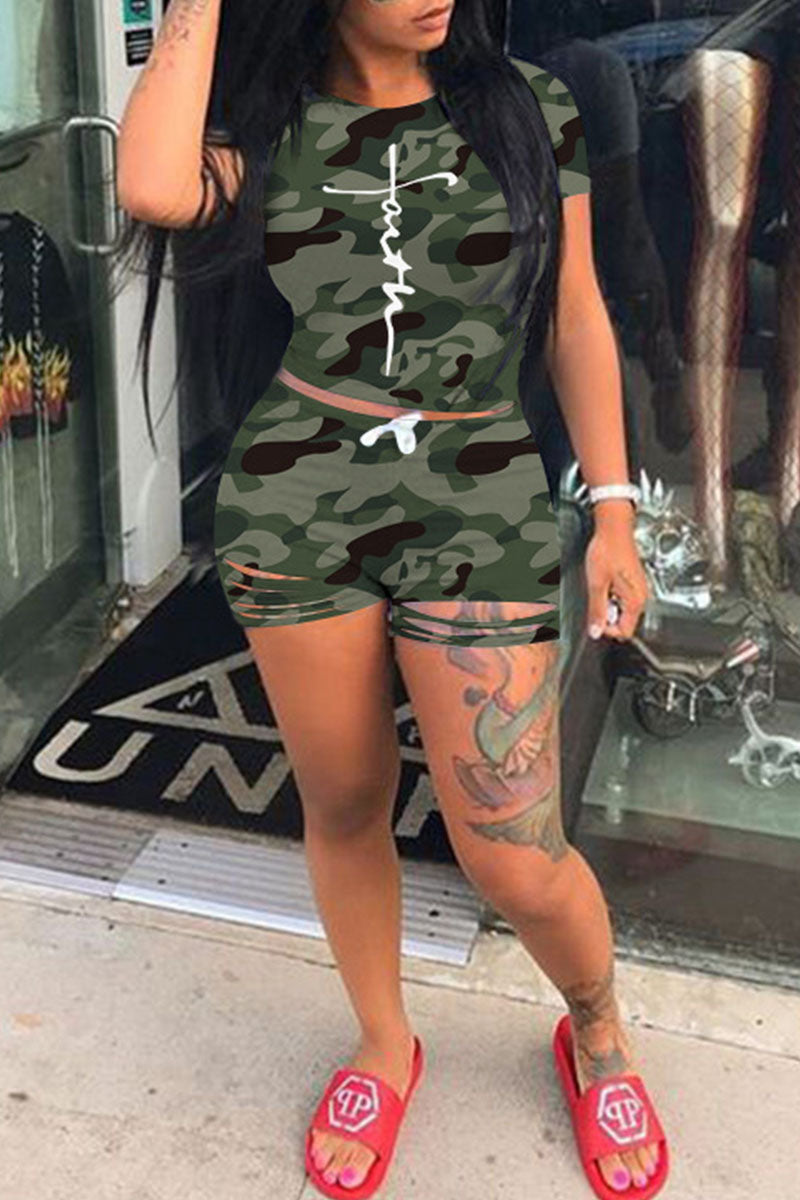 Fashion Casual Camouflage Print Ripped O Neck Short Sleeve Two Pieces