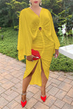 Fashion Solid Hollowed Out Fold Asymmetrical V Neck Long Sleeve Dresses