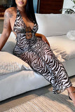 Fashion Sexy Zebra Print Bandage Backless Halter Long Dress