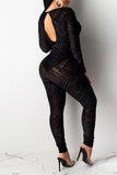 Fashion Sexy Patchwork Hollowed Out See-through O Neck Skinny Jumpsuits