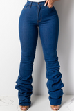 Casual Print Split Joint Fold Mid Waist Boot Cut Denim Jeans