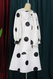 Casual Print Polka Dot Patchwork With Belt With Bow Ribbon Collar A Line Plus Size Dresses