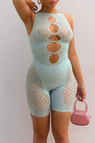 Sexy Print Polka Dot Hollowed Out Split Joint See-through O Neck Skinny Jumpsuits