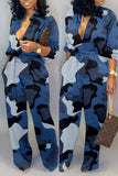 Casual Camouflage Print Patchwork Turndown Collar Plus Size Jumpsuits