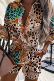 Fashion Print Patchwork Turndown Collar Long Sleeve Two Pieces