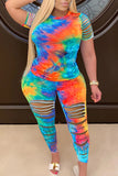 Fashion Casual Patchwork Print Tie Dye Hole Burn-out Two Piece Suits Plus Size Two Pieces