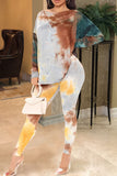 Casual Print Tie Dye Split Joint Backless Knotted O Neck Long Sleeve Two Pieces