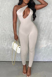 Sexy Casual Solid Hollowed Out Backless One Shoulder Skinny Jumpsuits