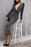 Sexy Formal Patchwork Hot Drill V Neck Long Sleeve Dresses