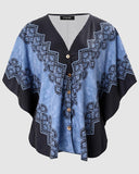 Tribal Print Batwing Sleeve Button Front Top