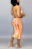 Fashion Sexy Striped Print Backless O Neck Sling Dress