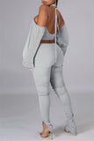 Sexy Solid Bandage Backless Fold Turtleneck Long Sleeve Two Pieces