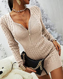 Zipper Front Cable Knit Sweater Dress