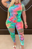 Fashion Casual Patchwork Print Tie Dye Hole Burn-out Two Piece Suits Plus Size Two Pieces